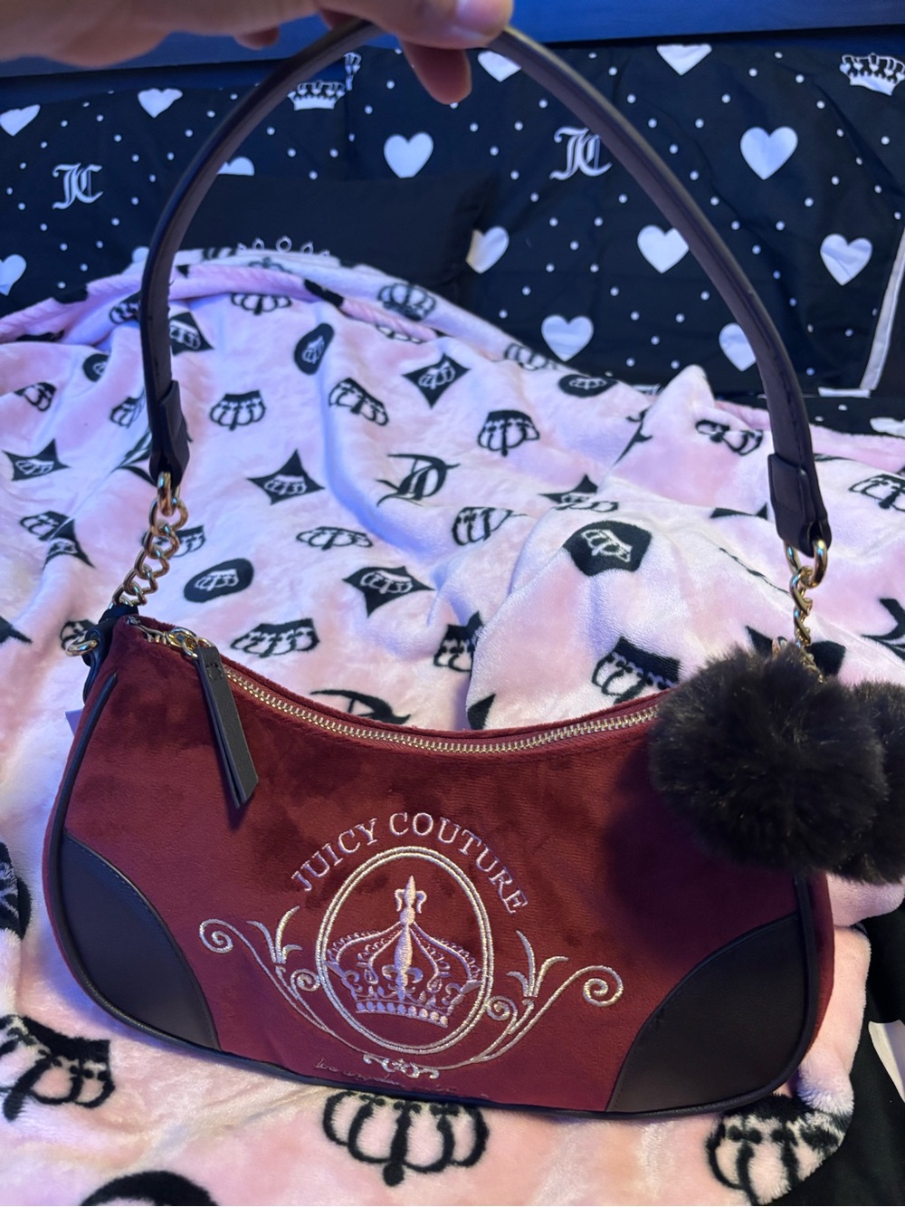 Juicy Couture Burgundy Velvet Shoulder Bag with Black Trim and Pom